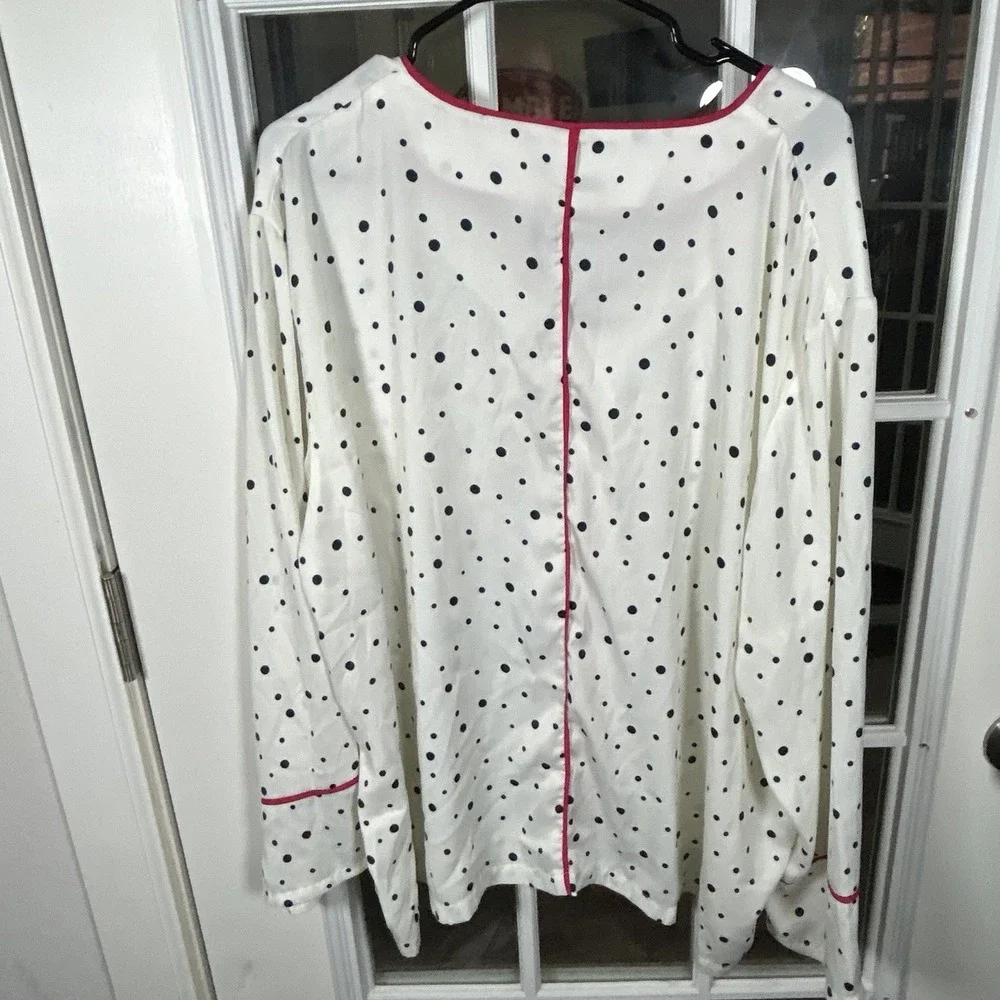 Summersalt‎ Polka Dot Satin Pajama Set White Navy Pink Piping 2XL Loungewear
